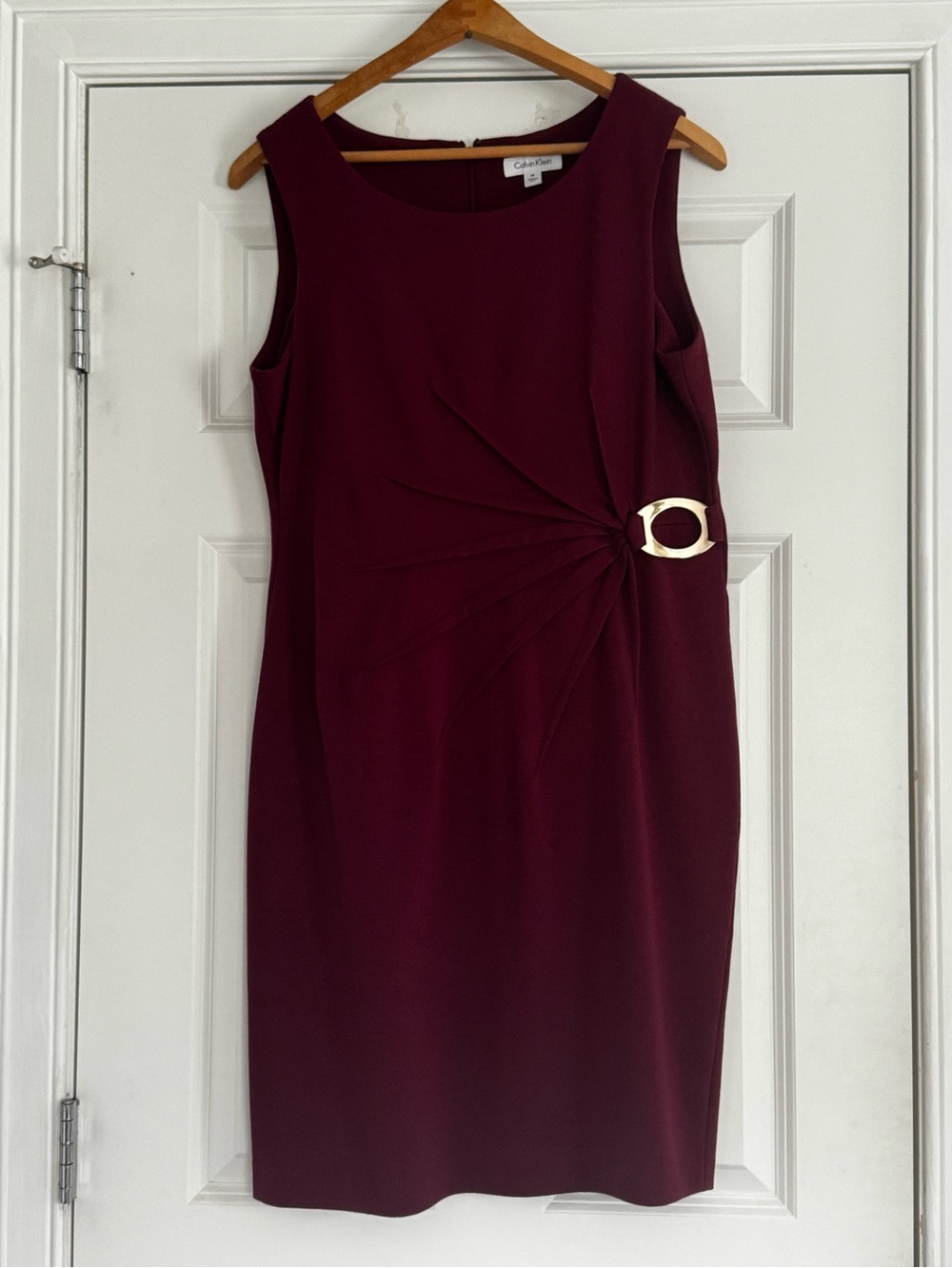 Calvin Klein Maroon Sleeveless Sheath Dress with Gold Buckle